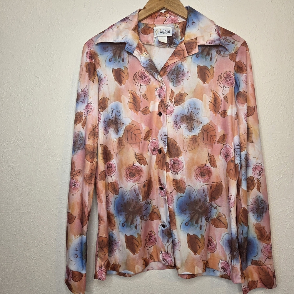 Vintage 70s Prince Dallas Floral Blouse Neck Tie Boho Cottagecore Top Watercolor